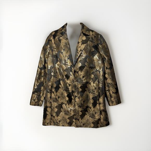 Chicos Metallic Floral Brocade Long Jacket Sz 3 Black Gold Evening Coat NWOT XL - Picture 1 of 15